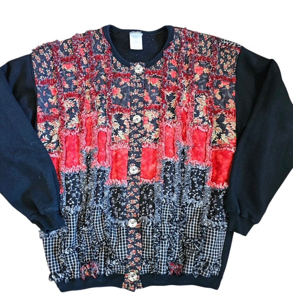 Vintage‎ Womens L XL Black Red Quilted Jacket Patchwork Floral Mid-length